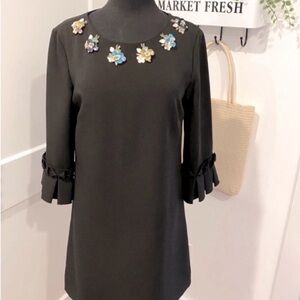 Tahari black three quarter sleeve midi dress floral beaded accents womens size 4